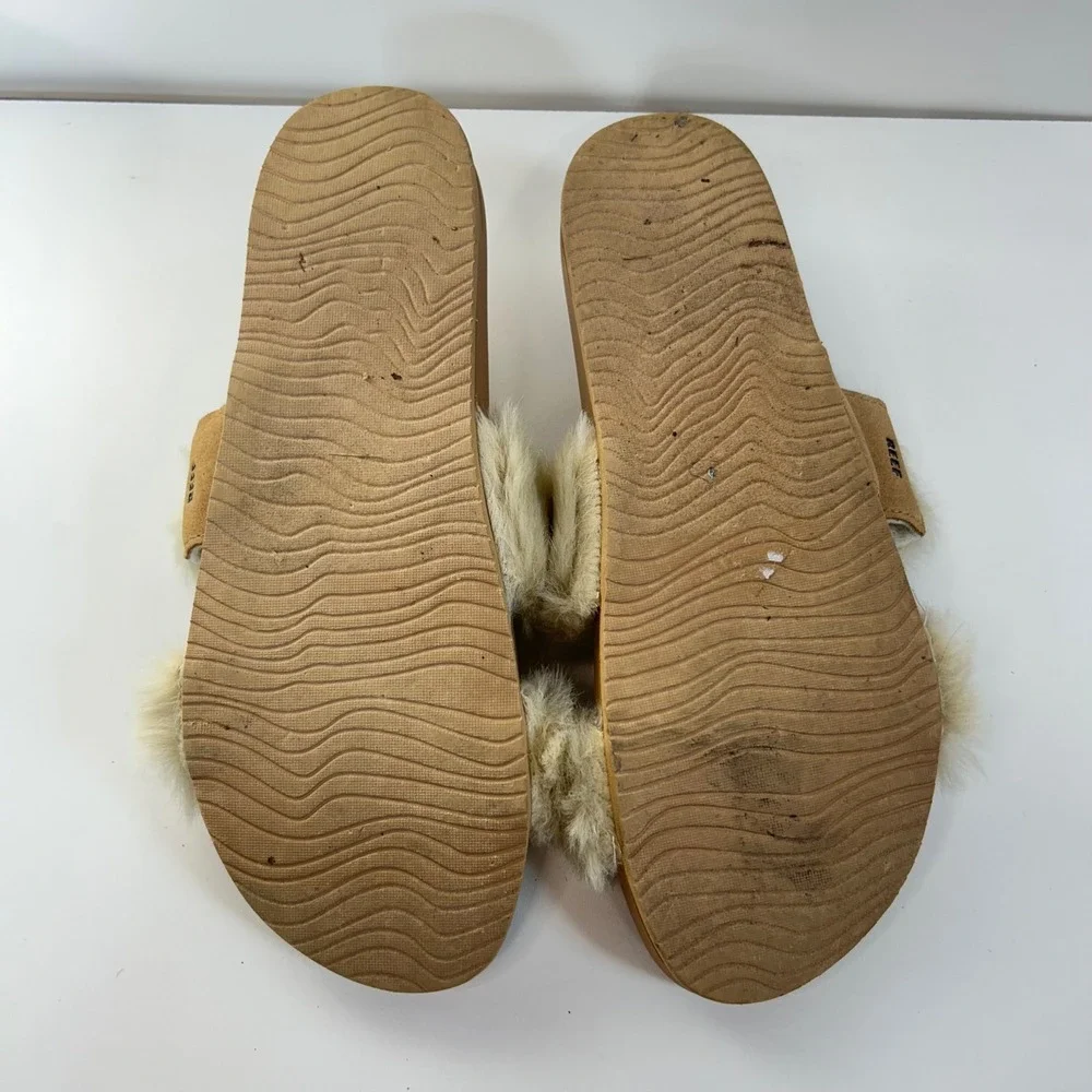 Reef Après Ski Cushion Vista Cozy 10 Faux Fur Slides Tan Coastal Grandmother